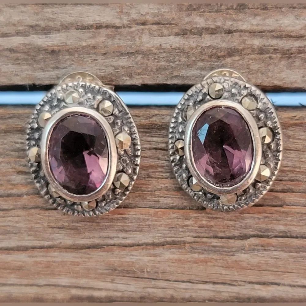 Sterling Purple Crystal & Marcasite Oval Stud Post Earrings